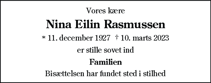 Dødsannonce for Nina Eilin Rasmussen