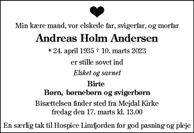 Dødsannonce for Andreas Holm Andersen