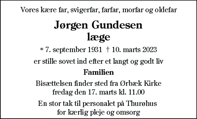 Dødsannonce for Jørgen Gundesen