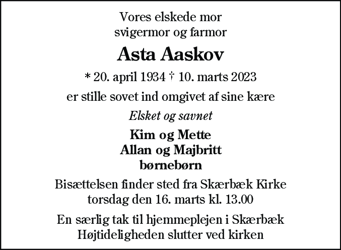 Dødsannonce for Asta Aaskov