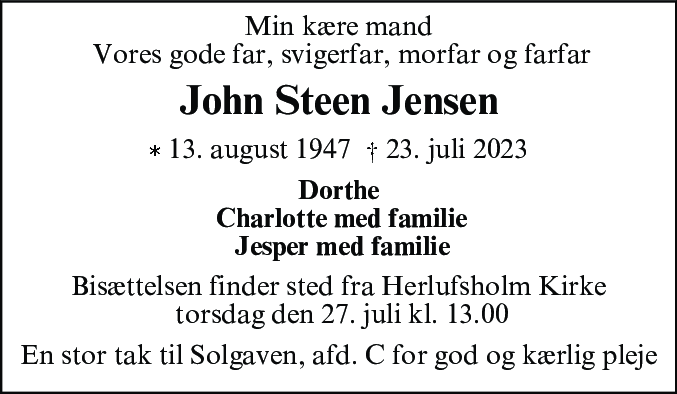 Dødsannonce for John Steen Jensen