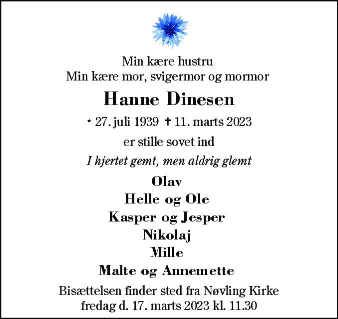 Dødsannonce for Hanne Dinesen