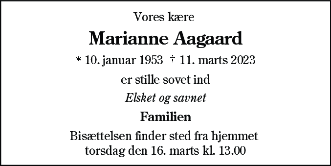 Dødsannonce for Marianne Aagaard
