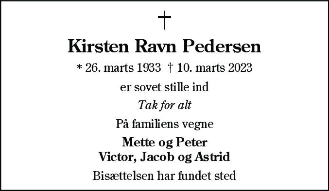 Dødsannonce for Kirsten Ravn Pedersen
