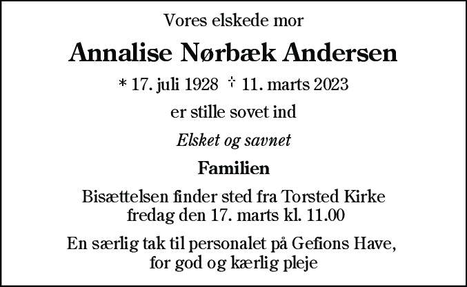 Dødsannonce for Annalise Nørbæk Andersen