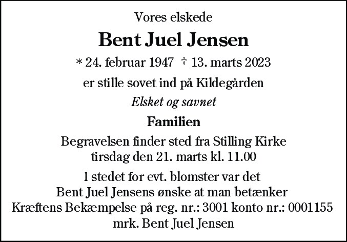Dødsannonce for Bent Juel Jensen