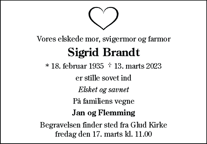 Dødsannonce for Sigrid Brandt
