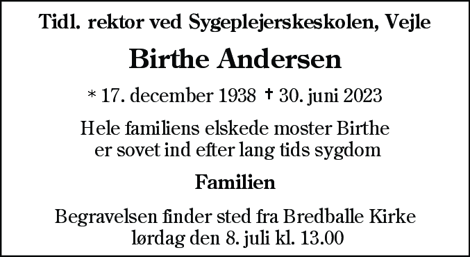 Dødsannonce for Birthe Andersen