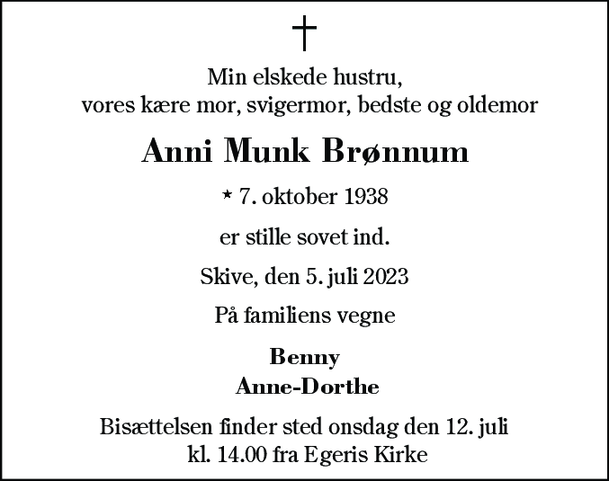 Dødsannonce for Anni Munk Brønnum
