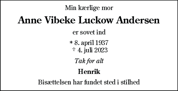 Dødsannonce for Anne Vibeke Luckow Andersen