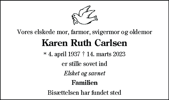Dødsannonce for Karen Ruth Carlsen