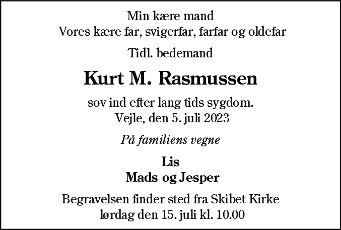 Dødsannonce for Kurt M. Rasmussen
