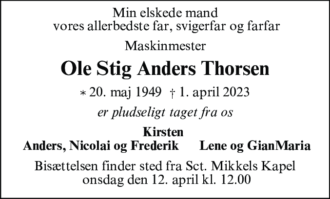 Dødsannonce for Ole Stig Anders Thorsen