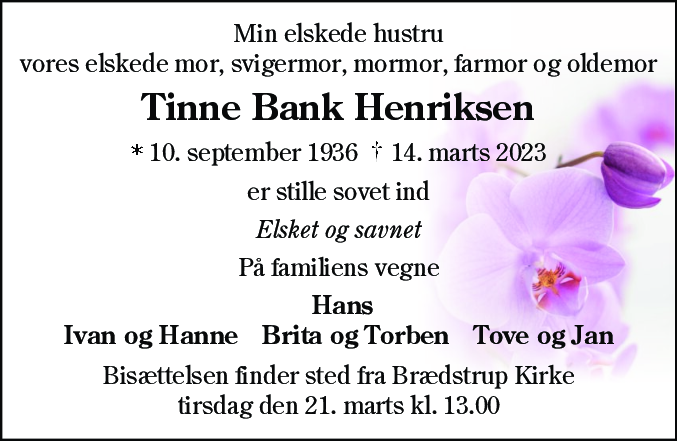 Dødsannonce for Tinne Bank Henriksen