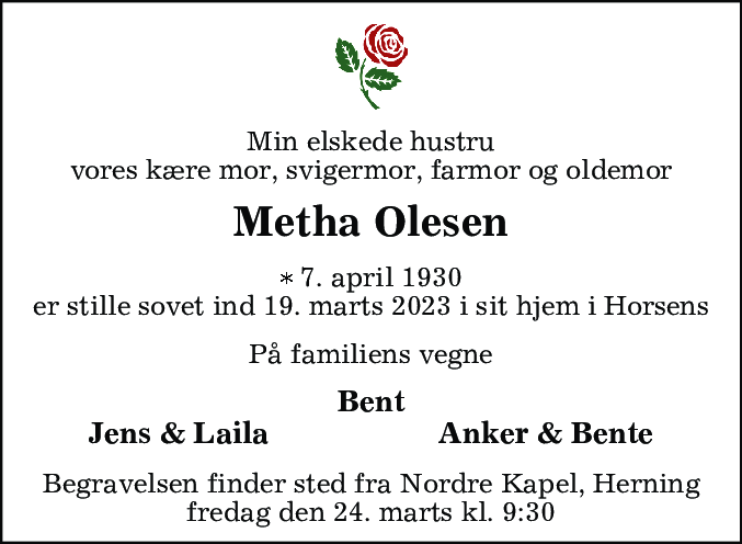 Dødsannonce for Metha Olesen