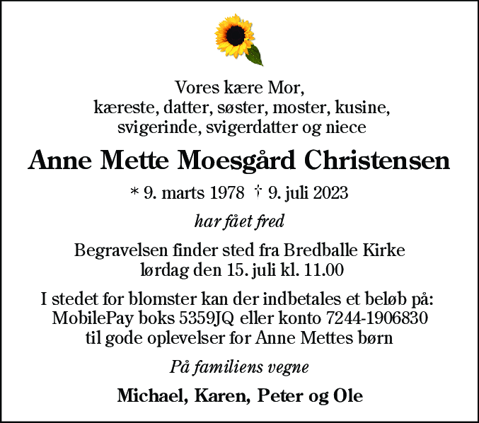 Dødsannonce for Anne Mette Moesgård Christensen