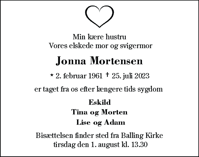 Dødsannonce for Jonna Mortensen
