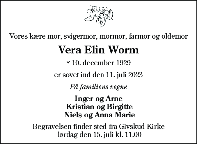 Dødsannonce for Vera Elin Worm