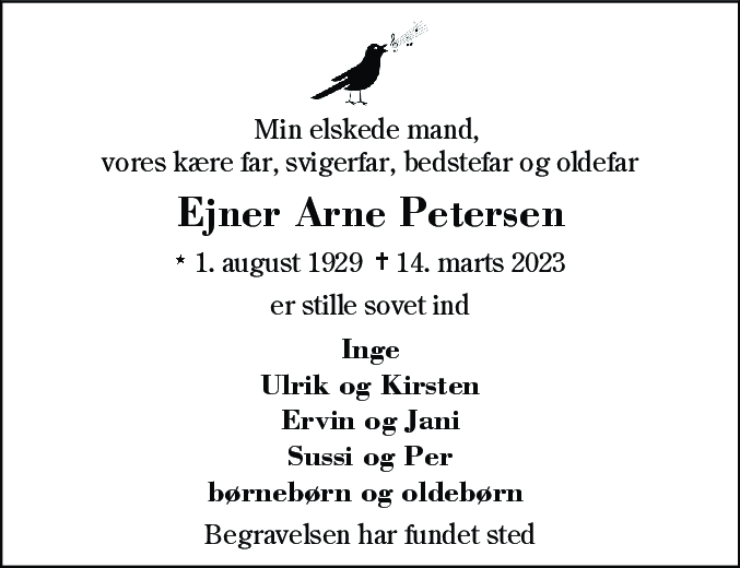 Dødsannonce for Ejner Arne Petersen