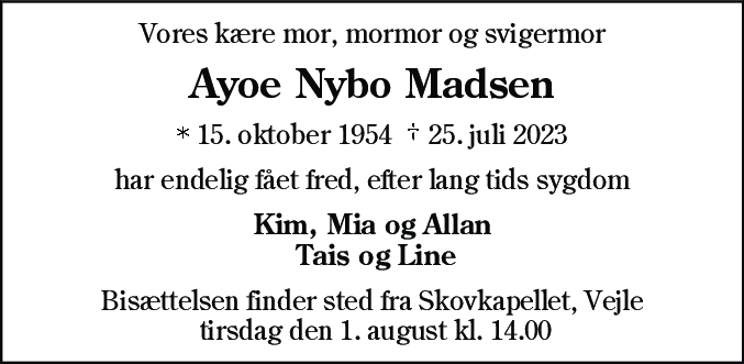 Dødsannonce for Ayoe Nybo Madsen
