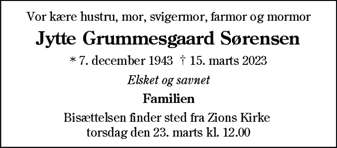 Dødsannonce for Jytte Grummesgaard Sørensen