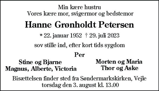 Dødsannonce for Hanne Grønholdt Petersen