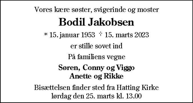 Dødsannonce for Bodil Jakobsen