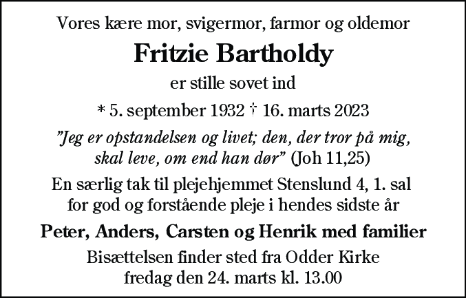 Dødsannonce for Fritzie Bartholdy