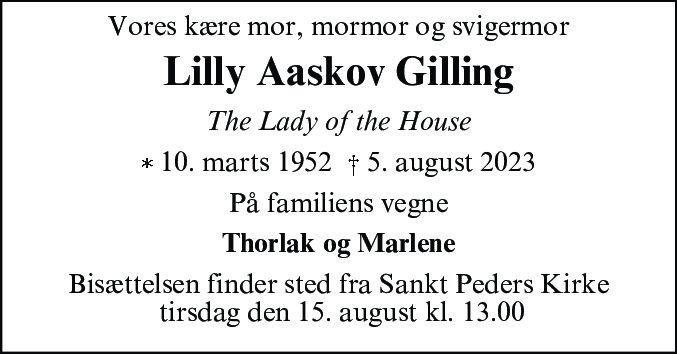 Dødsannonce for Lilly Aaskov Gilling