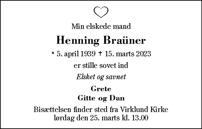 Dødsannonce for Henning Brauner