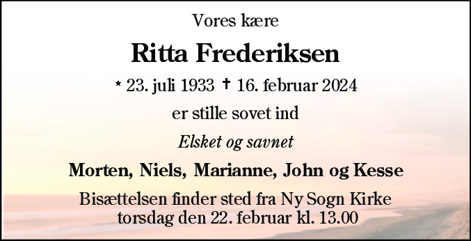 Dødsannonce for Ritta Frederiksen