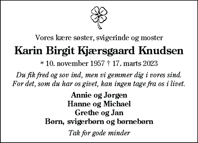 Dødsannonce for Karin Birgit Kjærsgaard Knudsen
