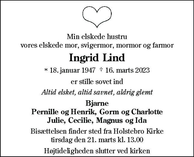 Dødsannonce for Ingrid Lind