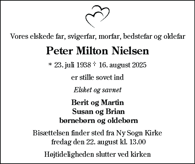 Dødsannonce for Peter Milton Nielsen