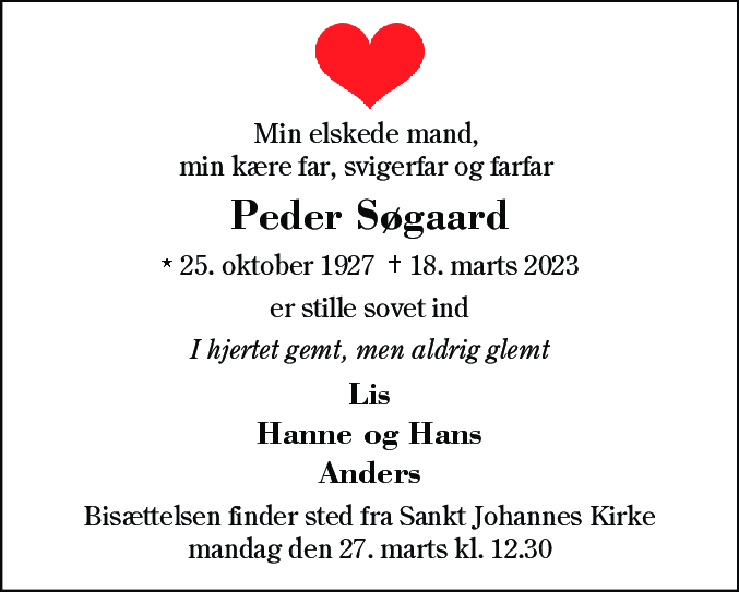 Dødsannonce for Peder Søgaard
