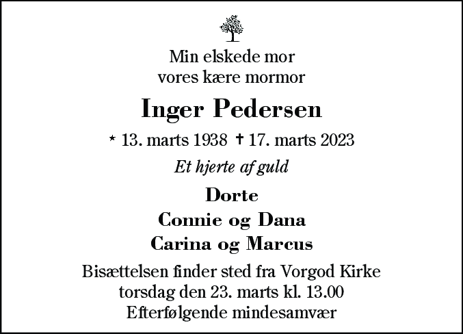Dødsannonce for Inger Pedersen