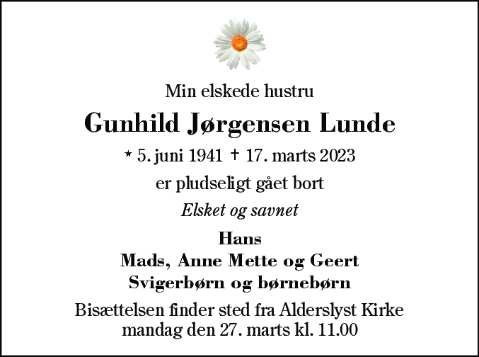 Dødsannonce for Gunhild Jørgensen Lunde
