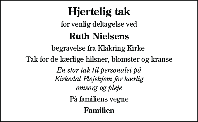 Dødsannonce for Ruth Nielsen