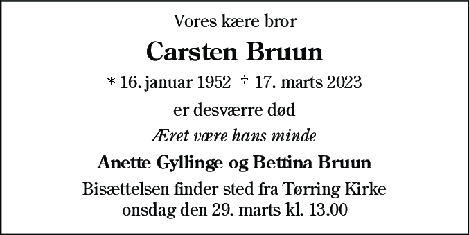 Dødsannonce for Carsten Bruun