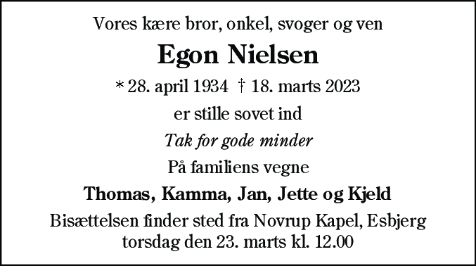 Dødsannonce for Egon Nielsen