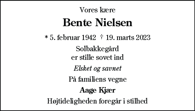 Dødsannonce for Bente Nielsen