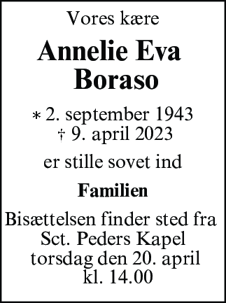 Dødsannonce for Annelie Eva Boraso