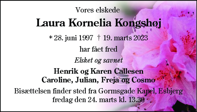 Dødsannonce for Laura Kornelia Kongshøj