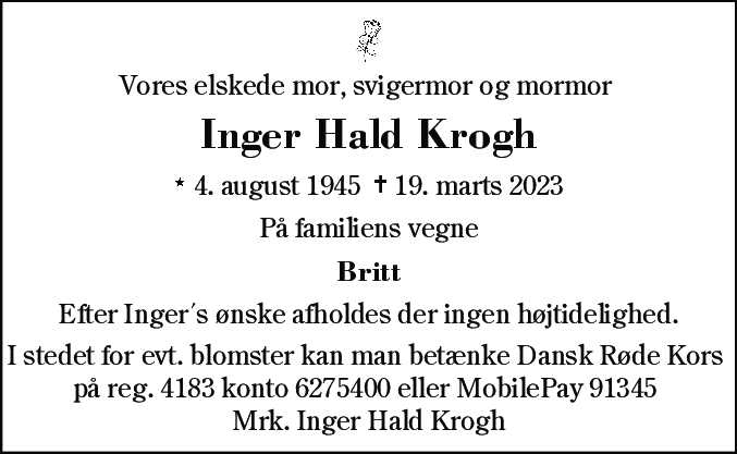 Dødsannonce for Inger Hald Krogh