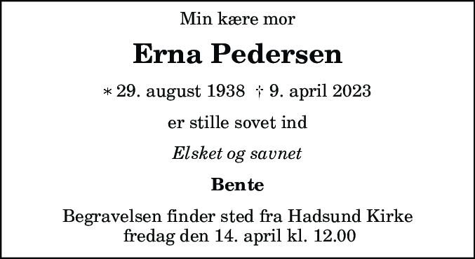Dødsannonce for Erna Pedersen