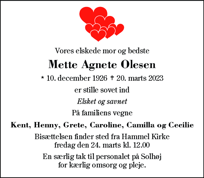 Dødsannonce for Mette Agnete Olesen