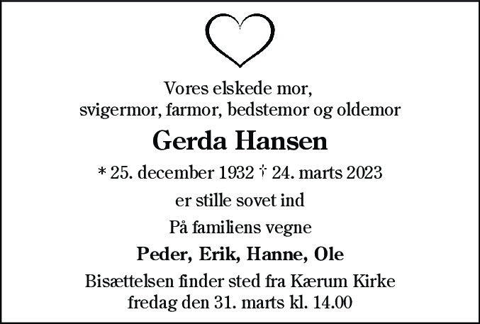 Dødsannonce for Gerda Hansen