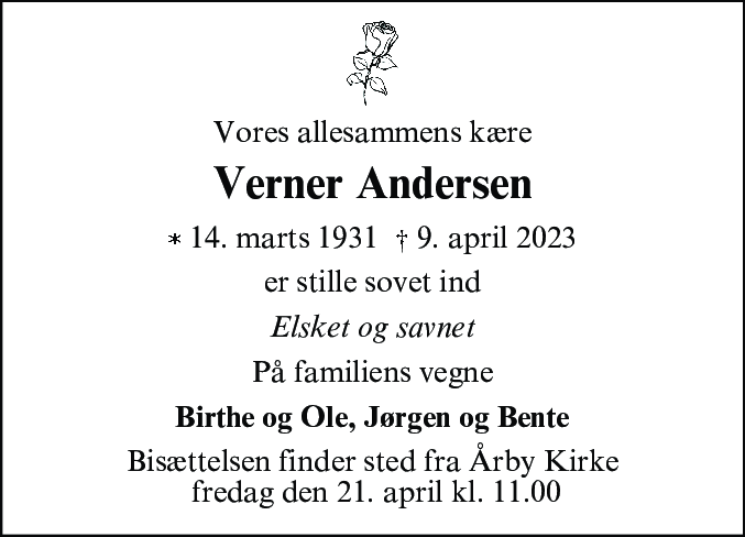 Dødsannonce for Verner Andersen