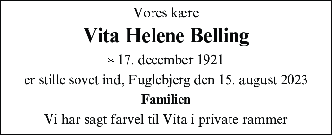 Dødsannonce for Vita Helene Belling