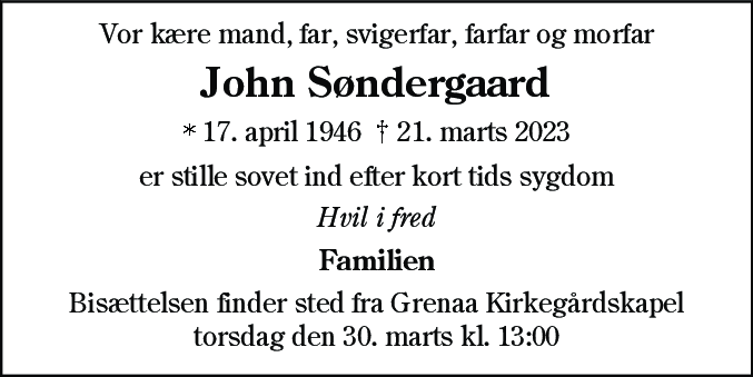 Dødsannonce for John Søndergaard